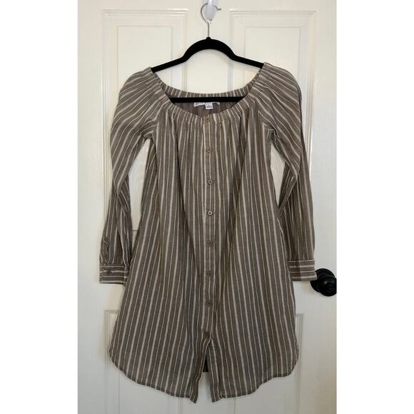 HYFVE Brown Striped Button Down Long Sleeve Off Shoulder Dress - Size Small - Picture 1 of 9